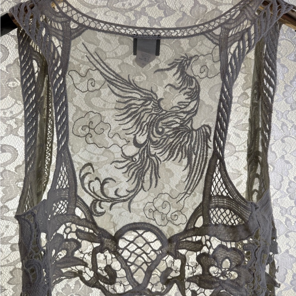 Vintage vest Frederick's of Hollywood gray Lace vest phoenix embroidered S/M